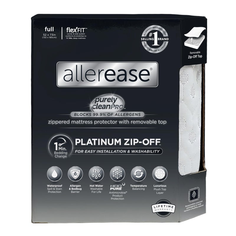 AllerEase Platinum ZipOff Top Waterproof Mattress Protector Full Size 360 Degree Zipper Allergen Barrier Temperature Balancing Luxurious Plush Top Separately Machine Washable Mattress Cover White