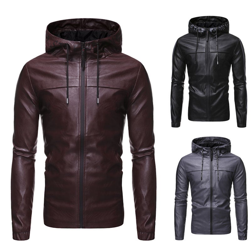 Men'S Leather 2019 European Size Fashion Men'S Hooded Leather Coat - Image 2