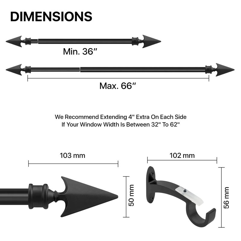 Essential Deco Essential Black Arrow Curtain Rods for Windows & Doors 36 to 66 Inch Adjustable Long Drapery Rods with Flat Arrow Finials & Brackets Set, 3/4 Inch - Image 4