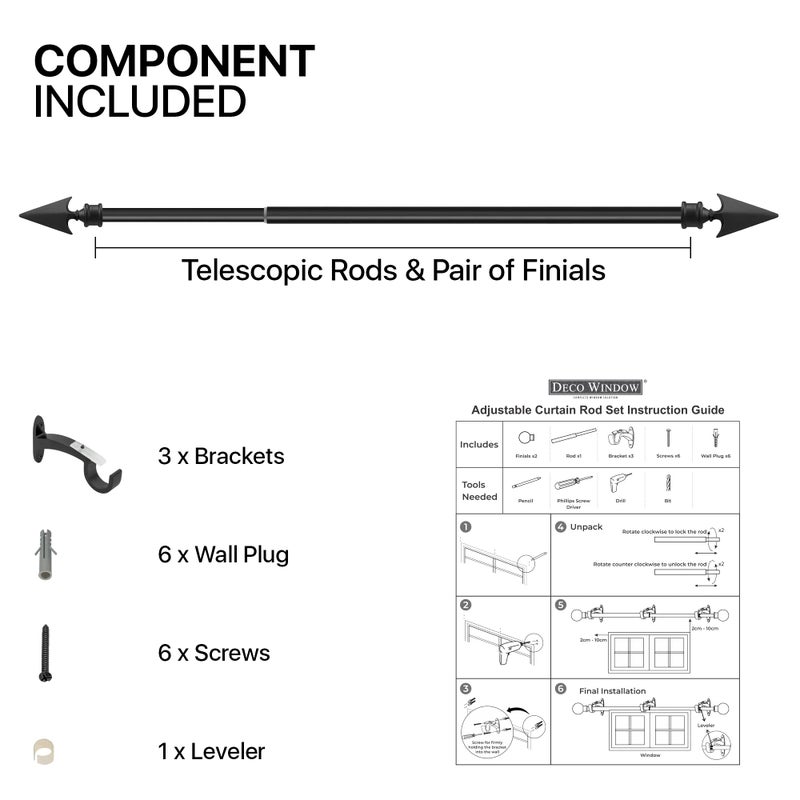 Essential Deco Essential Black Arrow Curtain Rods for Windows & Doors 36 to 66 Inch Adjustable Long Drapery Rods with Flat Arrow Finials & Brackets Set, 3/4 Inch - Image 5