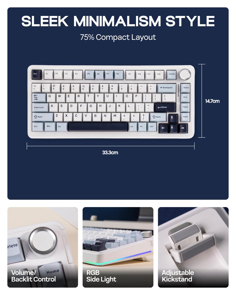 EPOMAKER EA75 75% RGB Gaming Mechanical Keyboard, 2.4GHz/Type-C/BT Creamy Wireless Keyboard with Knob, Shine Through PBT Keycaps, Hot Swappable for Gamers (Light Blue, Graywood V3 Switch) - Image 4