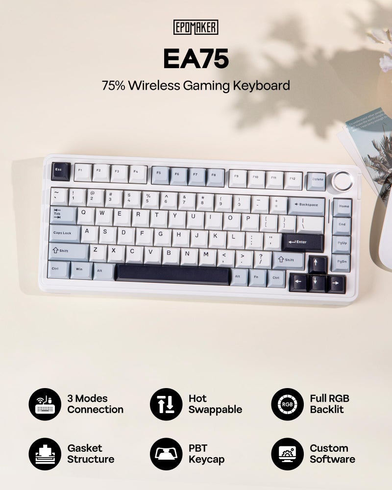 EPOMAKER EA75 75% RGB Gaming Mechanical Keyboard, 2.4GHz/Type-C/BT Creamy Wireless Keyboard with Knob, Shine Through PBT Keycaps, Hot Swappable for Gamers (Light Blue, Graywood V3 Switch) - Image 2