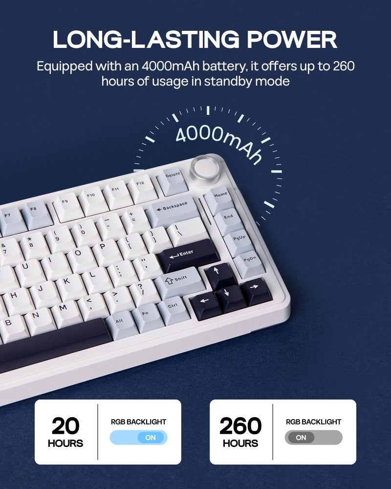 EPOMAKER EA75 75% RGB Gaming Mechanical Keyboard, 2.4GHz/Type-C/BT Creamy Wireless Keyboard with Knob, Shine Through PBT Keycaps, Hot Swappable for Gamers (Light Blue, Graywood V3 Switch) - Image 5