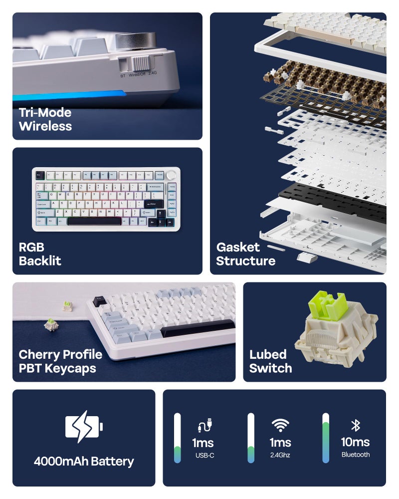 EPOMAKER EA75 75% RGB Gaming Mechanical Keyboard, 2.4GHz/Type-C/BT Creamy Wireless Keyboard with Knob, Shine Through PBT Keycaps, Hot Swappable for Gamers (Light Blue, Graywood V3 Switch) - Image 3
