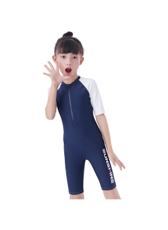 Yizi Girls' Swimsuit, One-piece Swimwear For Older Children, Hot Spring Swimwear, Ezi20g063, Navy Blue And Pink, 130cm - Image 5
