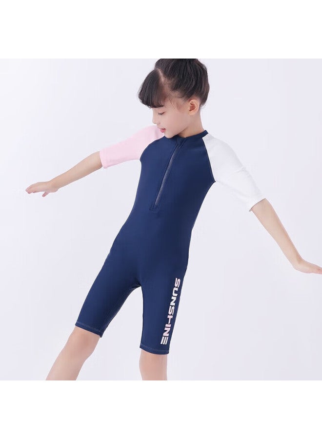 Yizi Girls' Swimsuit, One-piece Swimwear For Older Children, Hot Spring Swimwear, Ezi20g063, Navy Blue And Pink, 130cm - Image 4