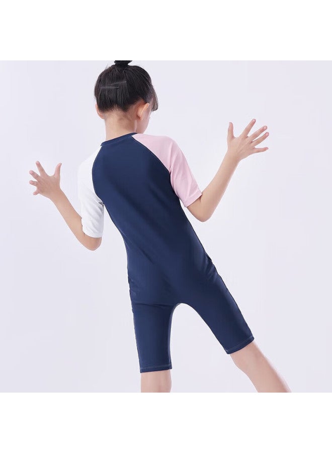 Yizi Girls' Swimsuit, One-piece Swimwear For Older Children, Hot Spring Swimwear, Ezi20g063, Navy Blue And Pink, 130cm - Image 3