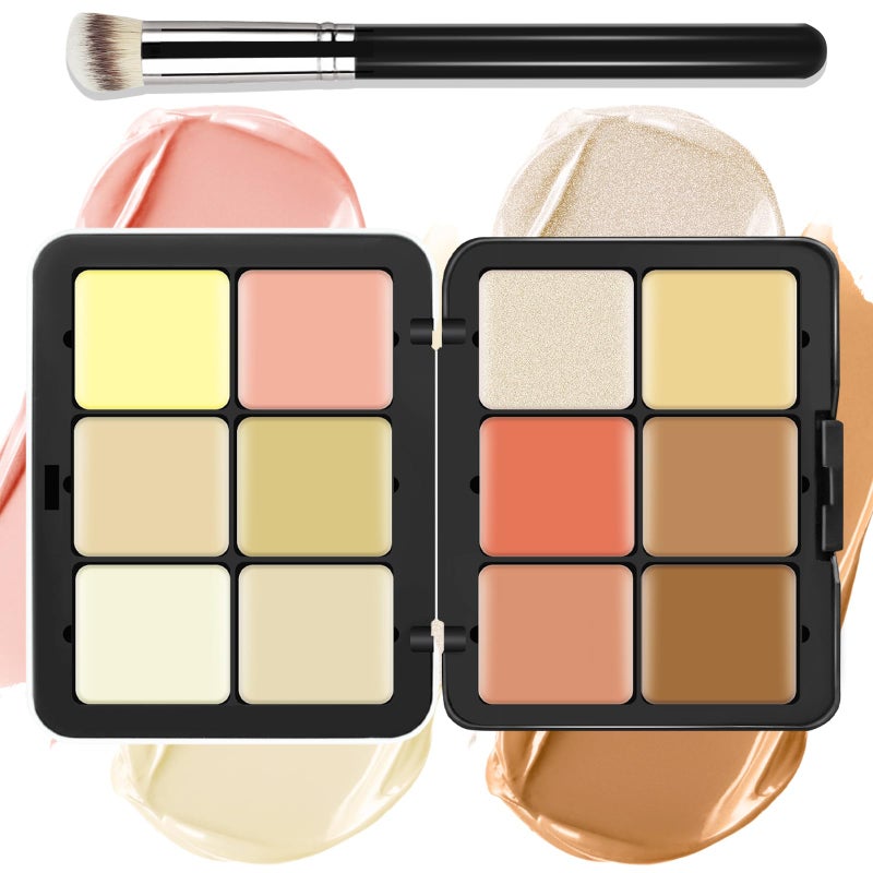 LSxia 12 Colors Cream [Blush Contour Concealer Highlighter] Makeup Palette for Cheeks - All in One Makeup Palette Kit with Brush, Long Wearing Waterproof Blendable Face Make Up Pallete (#04) - Image 1