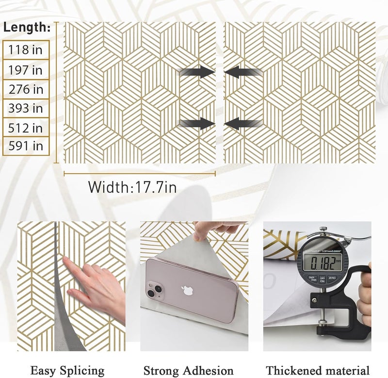 MelunMer Gold Geometric Wallpaper Peel and Stick 512In L 17.7In W Self Adhesive Removable Wallpaper for Bedroom/Bathroom Waterproof Gold/White Contact Paper Hexagon Modern Contact Paper for Cabinets - Image 3