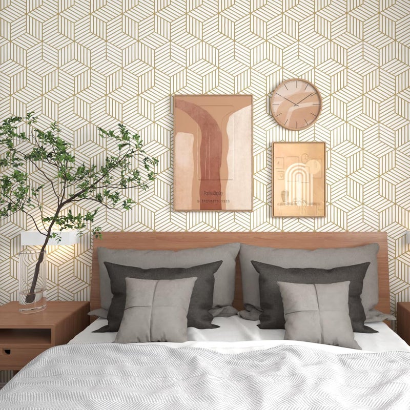 MelunMer Gold Geometric Wallpaper Peel and Stick 512In L 17.7In W Self Adhesive Removable Wallpaper for Bedroom/Bathroom Waterproof Gold/White Contact Paper Hexagon Modern Contact Paper for Cabinets - Image 2
