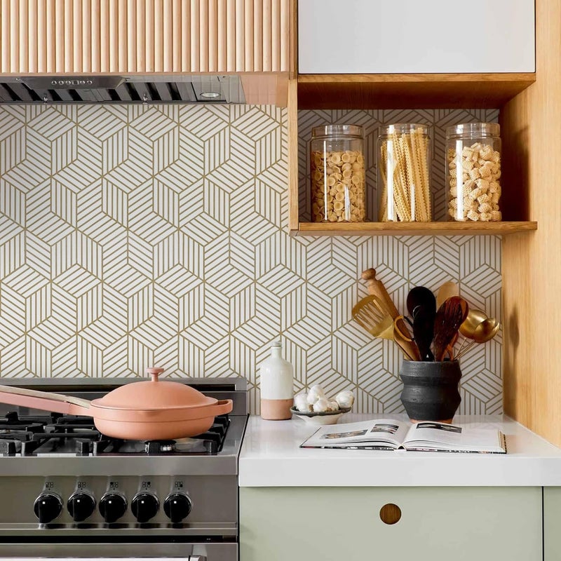 MelunMer Gold Geometric Wallpaper Peel and Stick 512In L 17.7In W Self Adhesive Removable Wallpaper for Bedroom/Bathroom Waterproof Gold/White Contact Paper Hexagon Modern Contact Paper for Cabinets - Image 5