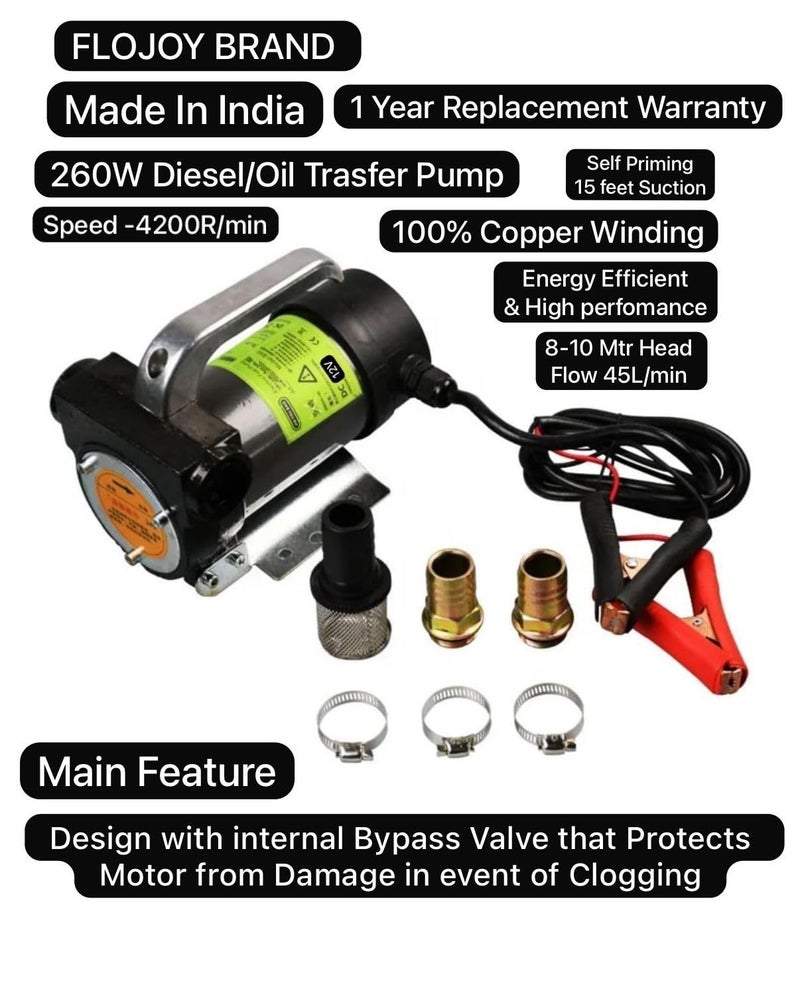 FLOJOY Asian Pumps & Machineries 12V Diesel Oil Transfer Pump 260w Powerful 40Lpm DC New Self Priming Pump Discharge Head 8-10Mtr & Suction 5Mtr (Copper Winding) 1 year Warranty - Image 4