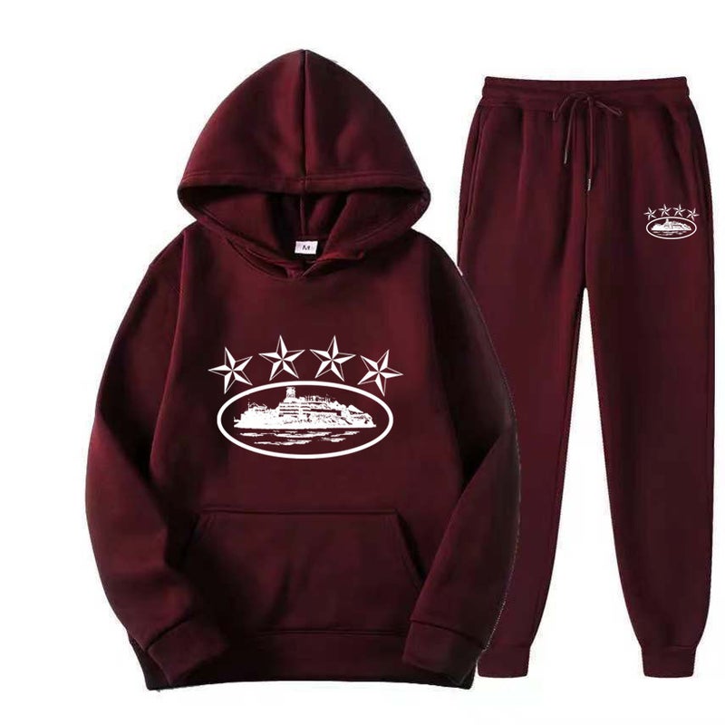 Cross-border Foreign Trade Corteiz Trendy Street Loose suit Womens Hip-hop Skateboard Five-pointed Star Magic Island Fashion Sweatshirt wine red white word 
