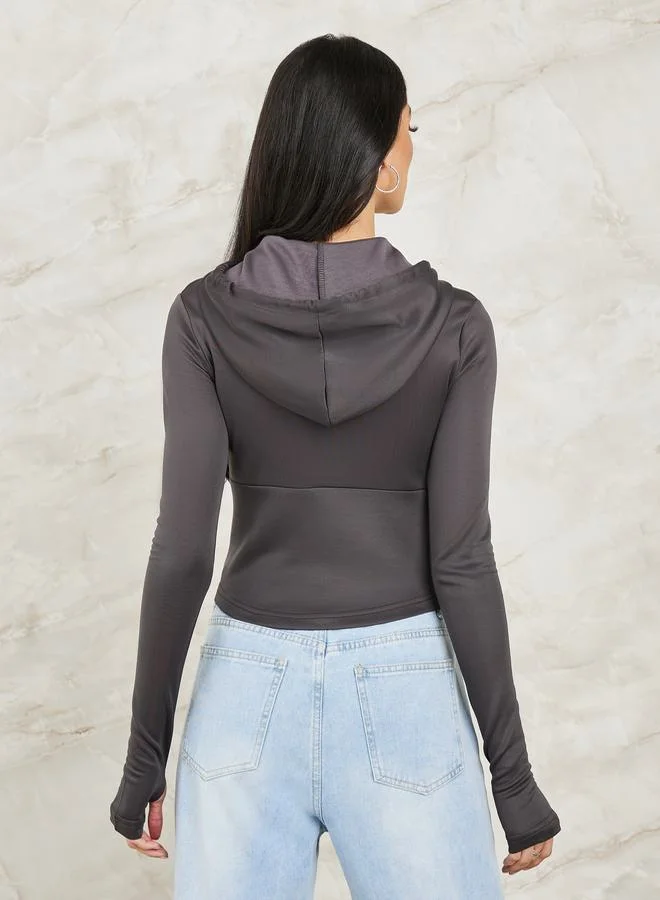 Styli Hooded Knit Top with Corset & Button Detailing