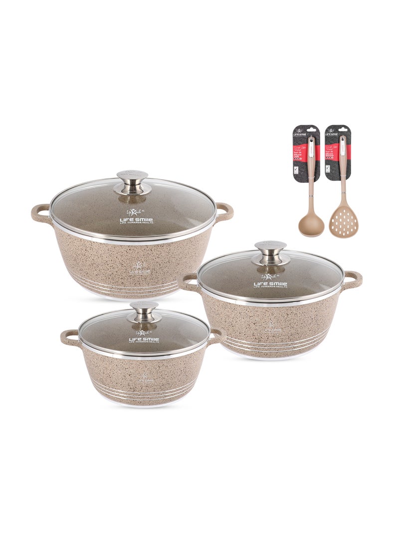 Life Smile Nonstick Cookware Set 8 pcs Cookwares with Stainless steel rim-Oven safe Pots and Pans set-Granite Coating Cooking Pots set Includes 20cmx2.3L Casserole with Lid ,24cmx4.1L Casserole with Lid, 28cmx6.7LCasserole with Lid, , & 2pcs Silicone Utensils Contains 32x8.5cm Soup ladle & 34.5x10cm Skimmer  - Image 1