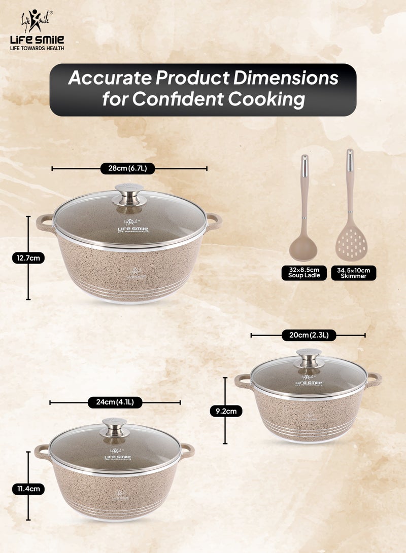 Life Smile 8-Pcs Granite Cookware Set – Non-stick Cookwares with Stainless Steel Rim, Oven-Safe Pots and Pans Set includes, Casseroles (20cm,24cm, 28cm) with Lid & 2 Silicone Kitchen Utensils (Soup Ladle, Skimmer) - Image 2