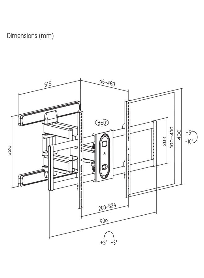 سكيل تك حامل حائط دوار SH 840P لشاشات LED LCD مقاس 43-100 بوصة، VESA 800x400، ذراع قابل للتمديد 65-480 مم، سعة تحميل 60 كجم - أسود - Image 4