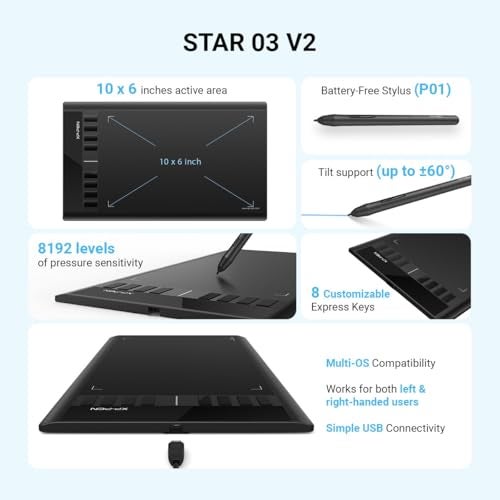 XP-Pen Star03 V2 8192 مستوى من حساسية الضغط، قلم بدون بطارية، 8 مفاتيح اختصار و 8 رؤوس قلم لجهاز لوحي للرسم (أسود، 10 × 6 حجم) - Image 2