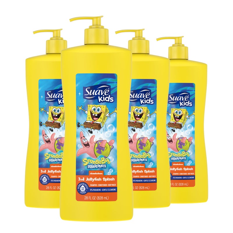 Suave Kids 3-in-1 Spongebob, Tear Free, Body Wash, Shampoo and Conditioners, Dermatologist Tested, 28 Oz Pack of 4 - Image 1