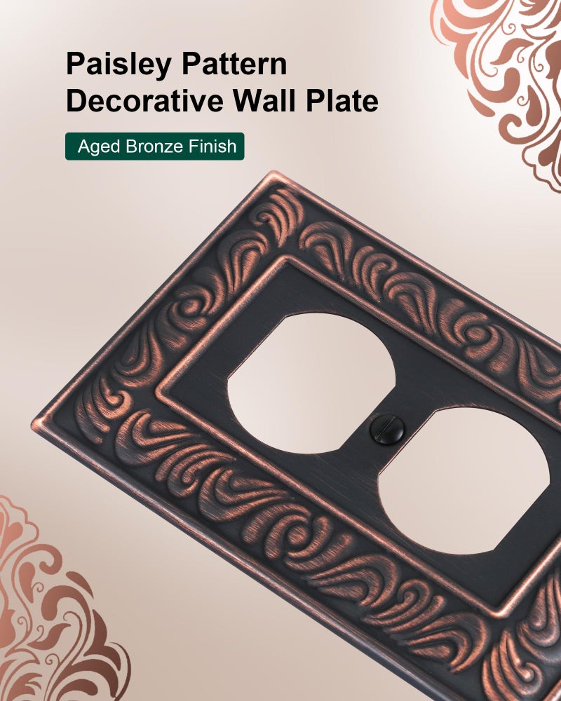 TREEWELL 4-Pack Duplex Outlet Cover Plate, Paisley Pattern Decorative Metal Wall Plates for Electrical Outlets, 1 Gang Receptacle Cover, Aged Bronze Switch Plates and Outlet Covers - Image 3