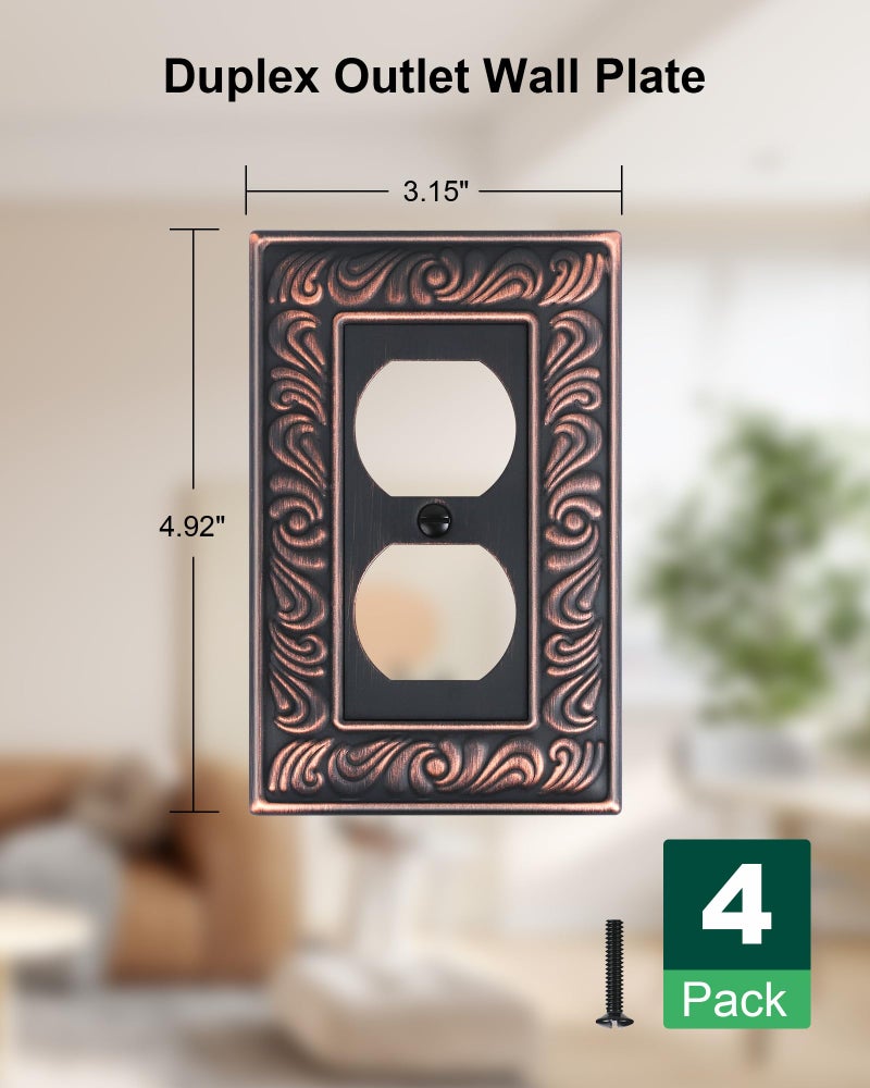 TREEWELL 4-Pack Duplex Outlet Cover Plate, Paisley Pattern Decorative Metal Wall Plates for Electrical Outlets, 1 Gang Receptacle Cover, Aged Bronze Switch Plates and Outlet Covers - Image 2