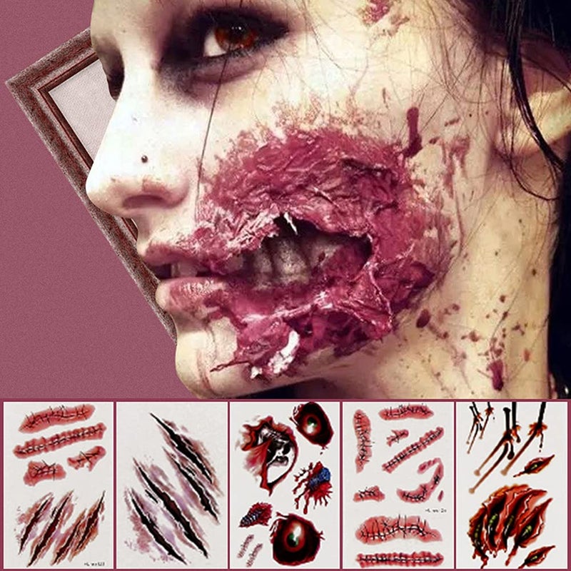 3D Zombie Scar Tattoos Fake Scars Bloody Costume Makeup Halloween Decoration Horror Wound Scary Blood Injury Sticker Halloween Party Decorations Supplies  Favors style B