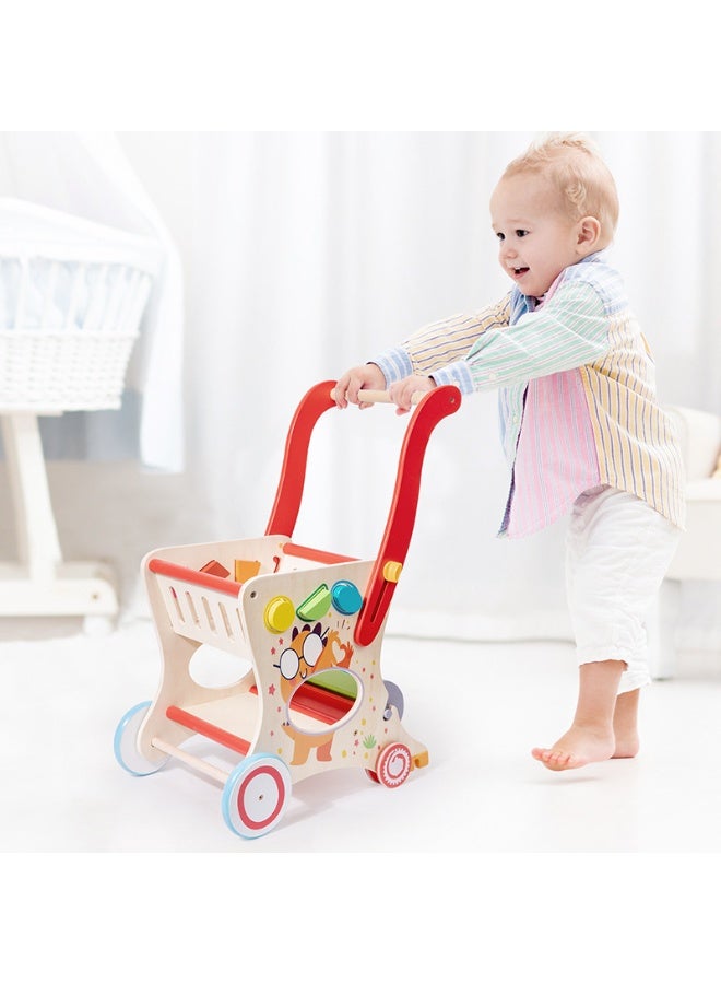 Wooden Baby Push and Pull Walker with Wheels for Boy&Girls,Multiple Activities Kid’s Toy,Shopping Cart Sit to Stand Walker for Toddlers - Image 1