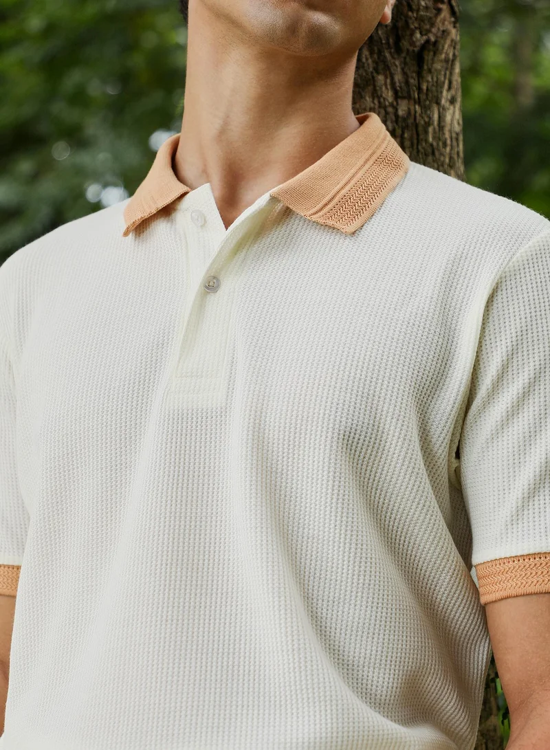 CAHOOT  Men's Peach Orange & Chalk White Block-Textured Knit Polo T-Shirt for Men | Best Price UAE