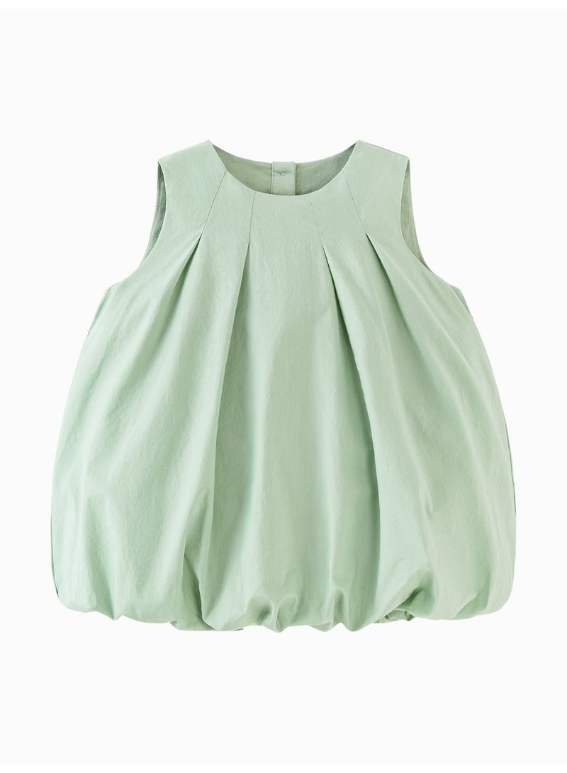 ميني بالا فستان بناتي رائع بدون أكمام، مصنوع من نسيج قطني ناعم قابل للتنفس، تصميم مطوي، تفاصيل فيونكة خلفية مع زر للإغلاق، حاشية من الفقاعات، مثالي للارتداء اليومي ومواعيد اللعب والمناسبات الخاصة. - Image 4