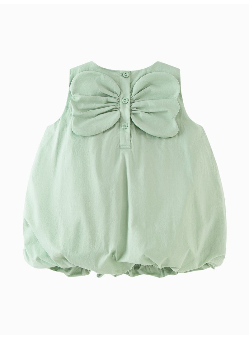 ميني بالا فستان بناتي رائع بدون أكمام، مصنوع من نسيج قطني ناعم قابل للتنفس، تصميم مطوي، تفاصيل فيونكة خلفية مع زر للإغلاق، حاشية من الفقاعات، مثالي للارتداء اليومي ومواعيد اللعب والمناسبات الخاصة. - Image 5