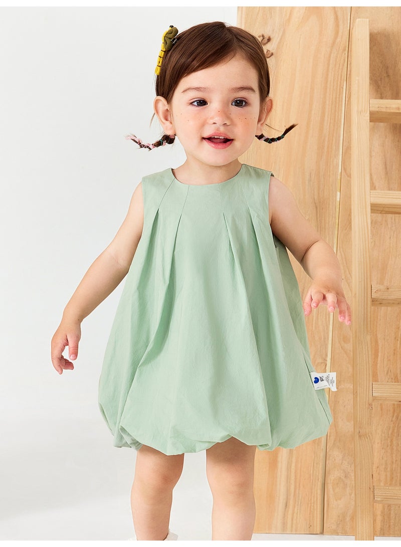 ميني بالا فستان بناتي رائع بدون أكمام، مصنوع من نسيج قطني ناعم قابل للتنفس، تصميم مطوي، تفاصيل فيونكة خلفية مع زر للإغلاق، حاشية من الفقاعات، مثالي للارتداء اليومي ومواعيد اللعب والمناسبات الخاصة. - Image 1
