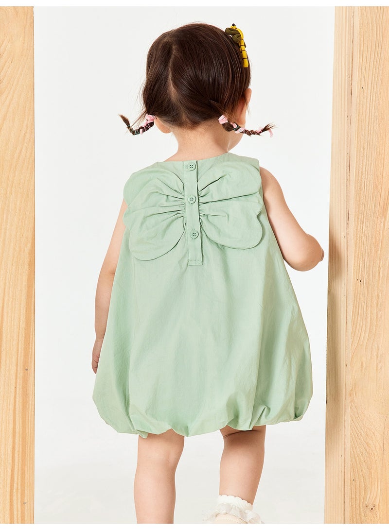ميني بالا فستان بناتي رائع بدون أكمام، مصنوع من نسيج قطني ناعم قابل للتنفس، تصميم مطوي، تفاصيل فيونكة خلفية مع زر للإغلاق، حاشية من الفقاعات، مثالي للارتداء اليومي ومواعيد اللعب والمناسبات الخاصة. - Image 3