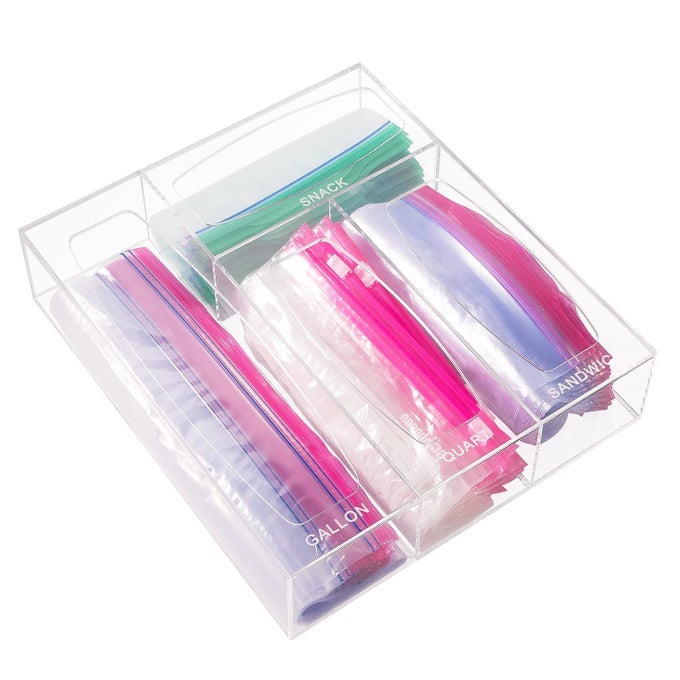 ACRYLIC BAGS STORAGE ORGANIZER BAGGIE BAGS DRAWER ORGANIZER PLASTIC FOOD STORAGE BAGS HOLDER COMPATIBLE WITH GALLON QUART SANDWICH SNAP FREEZER SLIDER BAGS CLEAR