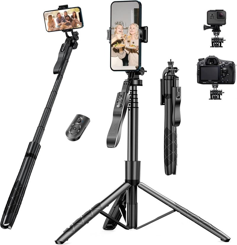AMBLIC 62Inch Long Selfie Stick with Tripod Stand | 360° Rotating & Handle Grip Anti Shake Shooting & Detachable Bluetooh Remote Selfie Stick for Photography & Vlogging for All Smartphones - Image 1