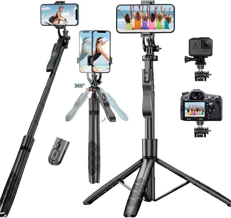 AMBLIC 62Inch Long Selfie Stick with Tripod Stand | 360° Rotating & Handle Grip Anti Shake Shooting & Detachable Bluetooh Remote Selfie Stick for Photography & Vlogging for All Smartphones - Image 2
