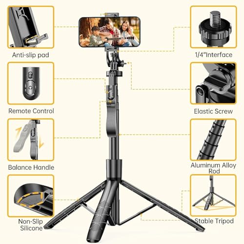 AMBLIC 62Inch Long Selfie Stick with Tripod Stand | 360° Rotating & Handle Grip Anti Shake Shooting & Detachable Bluetooh Remote Selfie Stick for Photography & Vlogging for All Smartphones - Image 3