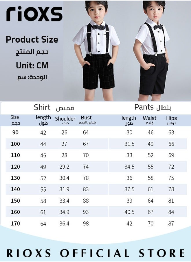 RIOXS - 4pcs Formal Dresswear for Kids Boys Gentleman Suits Set Ceremony Clothing Set with Short Sleeves Shirt Bowtie Pants and Suspender for Party Wedding Performance and Formal Occasions - Image 1
