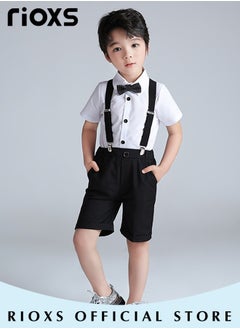 RIOXS 4pcs Formal Dresswear for Kids Boys Gentleman Suits Set Ceremony Clothing Set with Short Sleeves Shirt Bowtie Pants and Suspender for Party Wedding Performance and Formal Occasions  - Image 2