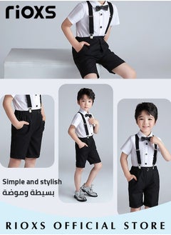 RIOXS 4pcs Formal Dresswear for Kids Boys Gentleman Suits Set Ceremony Clothing Set with Short Sleeves Shirt Bowtie Pants and Suspender for Party Wedding Performance and Formal Occasions  - Image 4