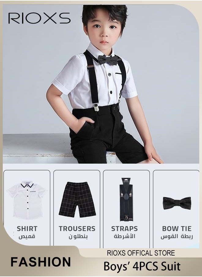 RIOXS - 4pcs Formal Dresswear for Kids Boys Gentleman Suits Set Ceremony Clothing Set with Short Sleeves Shirt Bowtie Pants and Suspender for Party Wedding Performance and Formal Occasions - Image 1