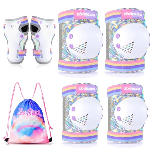 ZOOBLISS Knee Pads for Kids ZOOBLISS Toddler Knee and Elbow Pads Set Wrist Guards for Skating Girls Aged 312 Kids Protective Gear for Roller Skates Skateboard Bike Scooter Included Drawstring BagRainbow - Image 1