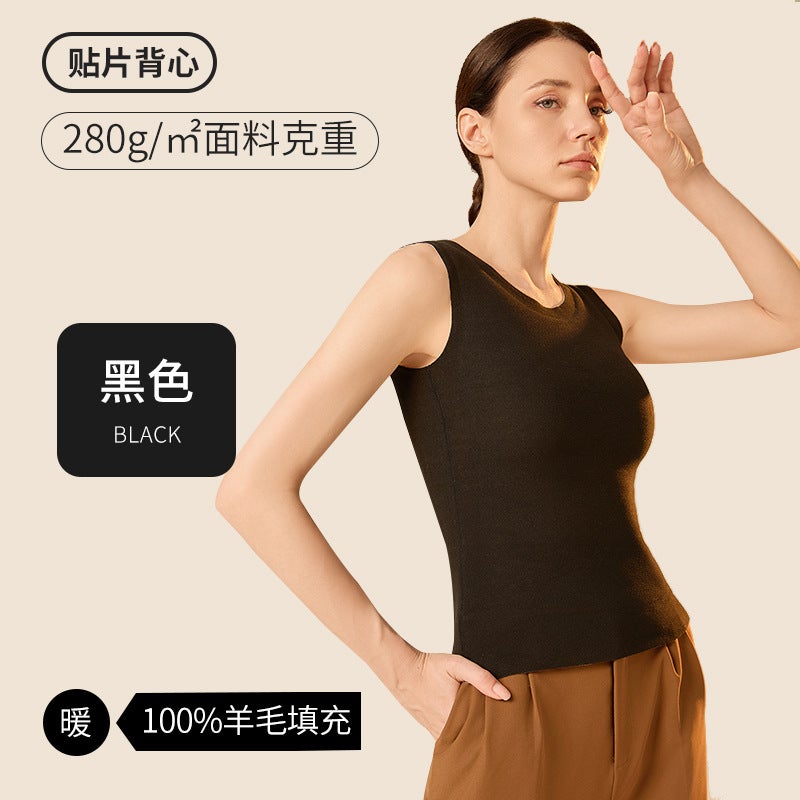 Womens 100% Pure Wool Padded Thermal Vest Black [women's cupless 100% wool filling]
