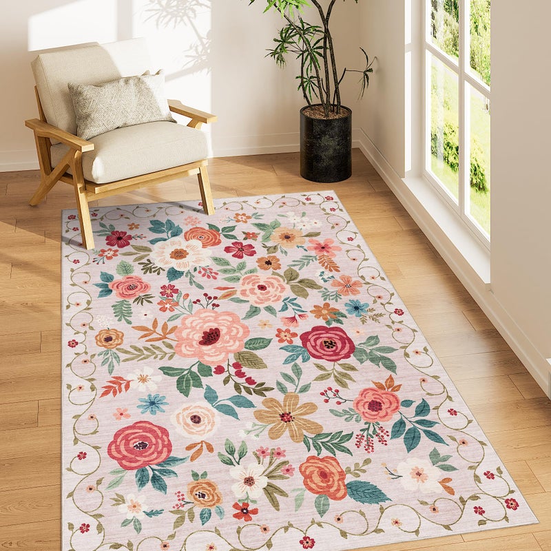 DUKINO 3x5 Area Rug Floral Rugs for Entryway Lightweight Non Slip Washable Rug Indoor Low Pile NonShedding Boho Design Rugs for Bedroom Living Room Dining Room Kitchen Beige - Image 2