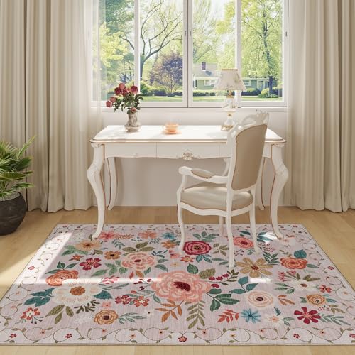 DUKINO 3x5 Area Rug Floral Rugs for Entryway Lightweight Non Slip Washable Rug Indoor Low Pile NonShedding Boho Design Rugs for Bedroom Living Room Dining Room Kitchen Beige - Image 3