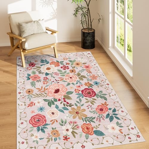 DUKINO 3x5 Area Rug Floral Rugs for Entryway Lightweight Non Slip Washable Rug Indoor Low Pile NonShedding Boho Design Rugs for Bedroom Living Room Dining Room Kitchen Beige - Image 1