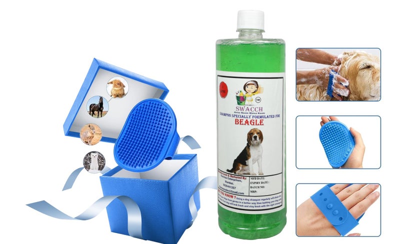 swacch Shampoo | Puppy Safe Shampoo | PH Balanced | Beagle Dog Shampoo 1 Litre Neem Alovera + | Rubber Bath Brush with Adjustable Straps | Pet Massage | Soothing Bristles Hand Brush I Combo Pack - Image 2