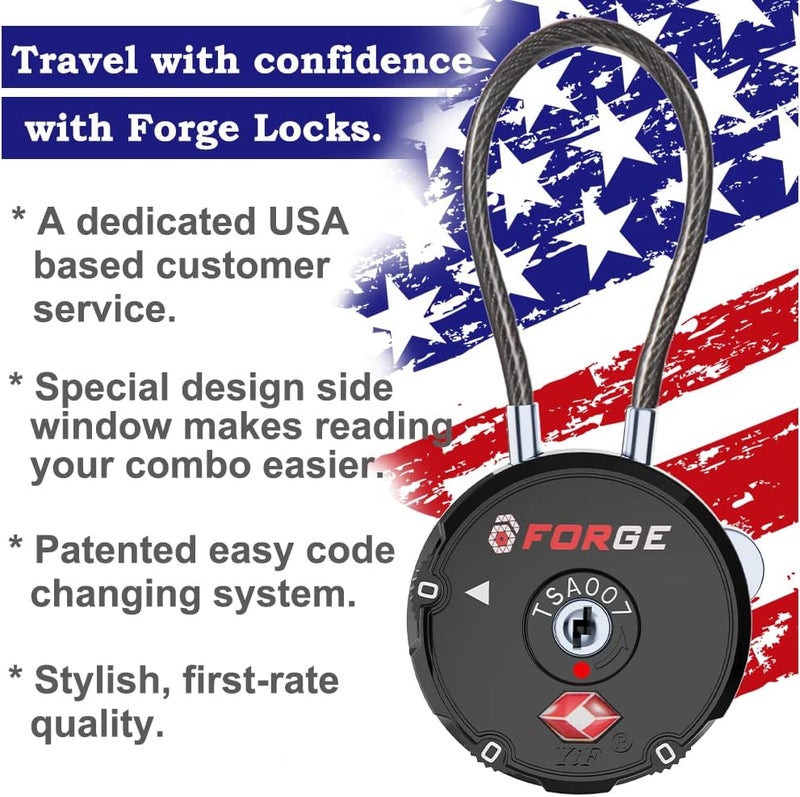 Forge Quality TSA Approved Luggage Locks for Travel Accessories, Suitcase, Pelican case, Ammo Boxes, Set Your own Combination, Zinc Alloy Body-Cable Black 4 Locks - Image 2