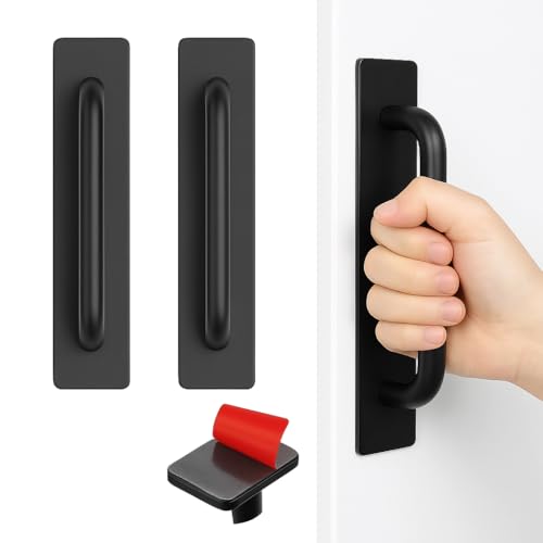 DHVSAM Adhesive Cabinet Handles, Self-Stick Instant Cabinet Handles Alloy No Drilling Push Pull Handles Helper for Kitchen Cabinet Drawer Window Sliding Closet (Black, 2 Pcs) - Image 1