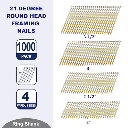 HW HAMWOO Framing Nails,21°Round Head Nail Pack,1000-Pack (2"- 250Pcs,2-1/2"- 250Pcs,3"- 250Pcs, 3-1/2"- 250Pcs),Galvanized Nail,Ring Shank - Image 2