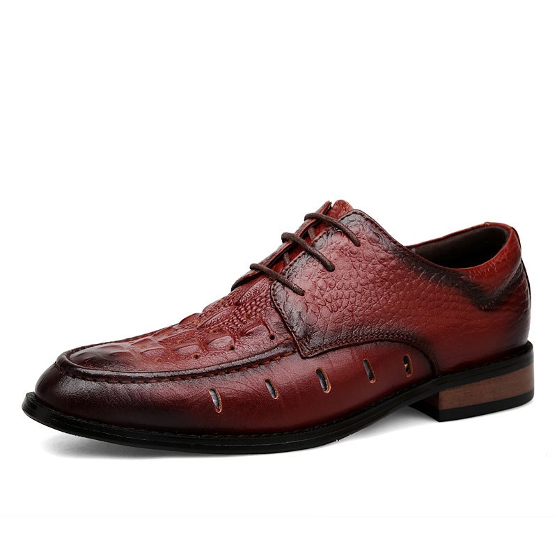 6695 Men'S And Women'S Hollow-Out Leather Shoes Low-Top Genuine Leather Crocodile Pattern Craft Face Hole Casual Shoes Wooden Base Single-Layer Shoes - Image 2